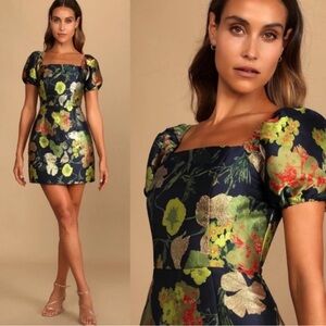 NWT Lulus So Stunning Navy Blue FloralJacquard Puff Sleeve Mini Dress XL